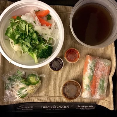 Vegetarian pho and spring rolls, nicely packaged for take-out!