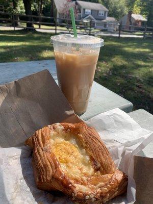 Egg and cheese croissant & large iced coffee, two different booths at the Ramsey Farmer's Market.