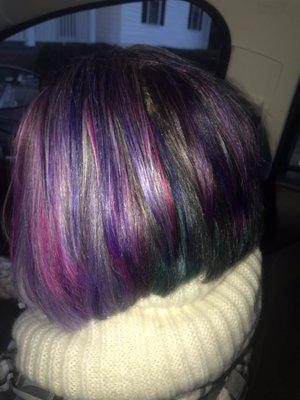 Mermaid haircolor & cut from Joyce at 1/26/19 (Rose, Purple, Blondes in front,w/Aqua highlights in back of inverted bob haircut/style.)