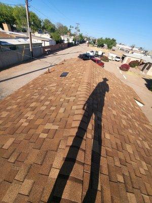 Top view of new shingle installation to home.