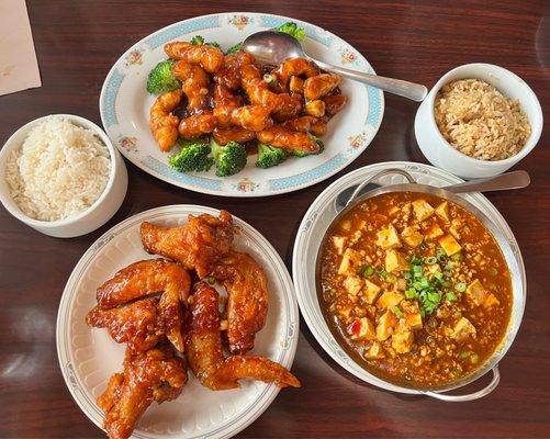 Hot and sour wings, general tso's & ma po tofu with sides of white/fried rice