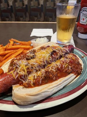 Foot-Long chili/cheese dog with sweet potatoes