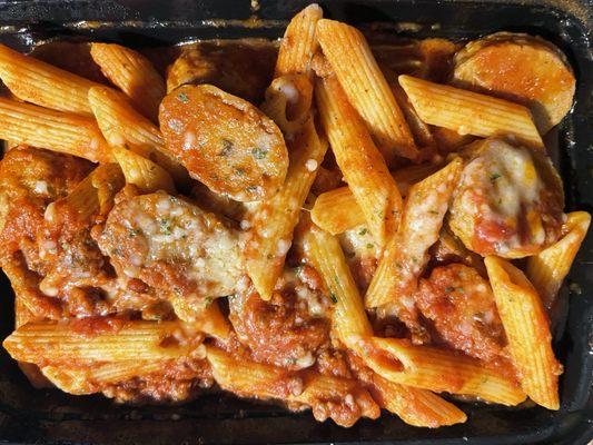 Penne with sausage and meatballs