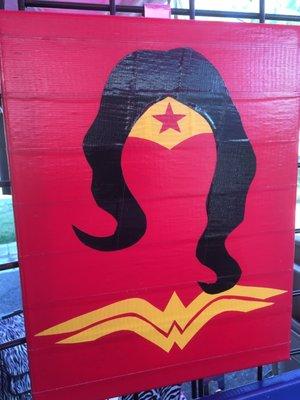 11/12/16. Saturday afternoon. Fall Makers Fair. Duct tape art by Pink Monkey! Wonder Woman!!