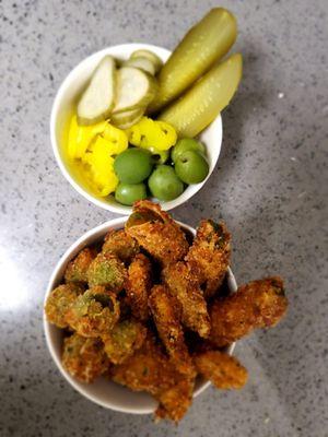 Panko and Parmesan crusted Pickles, Olives and Mild Banana peppers