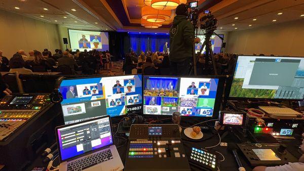 Multi-camera livestream video production for corporate event. Video, Sound and Lighting at Monterey Marriott Hotel.