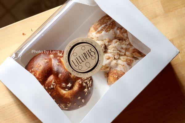 Sourdough soft pretzel ($3) and NJ apple danish ($3.50)