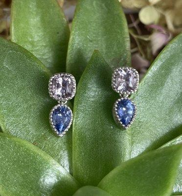 Lavender spinels and blue sapphires in 14k white gold "Duet Earrings" by Ellie Thompson