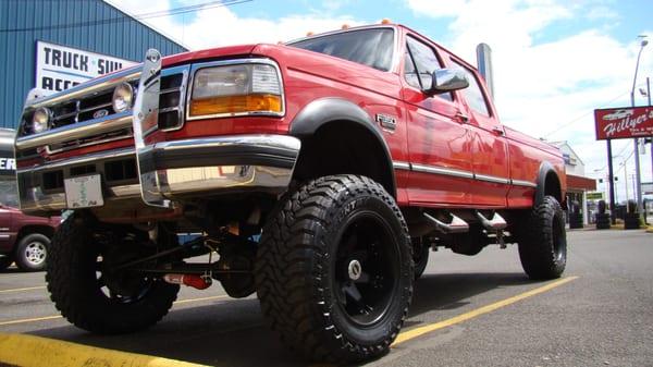 A 1997 F350 with a 6" Skyjacker lift.