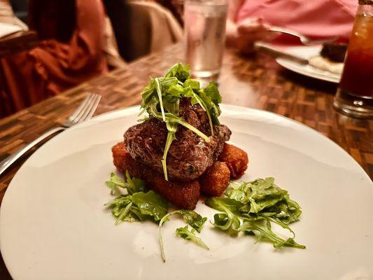 Beef Grilled Grass Fed Tenderloin Filet with Panko Crusted Tator Tots , House Ketchup