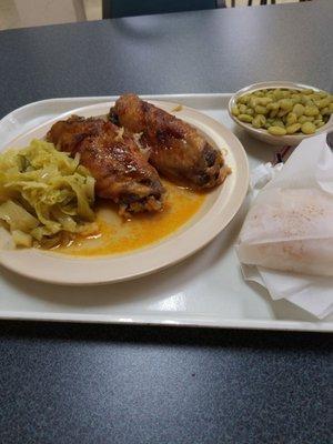 Turkey wings cabbage and Lima beans. Roll and lemonade. $9