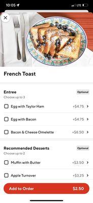 What door dash has pictured as "French toast with entree"