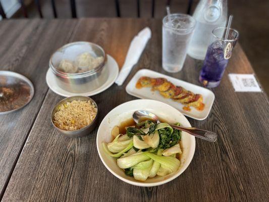 Bok choy , Taiwanese Sausage Roll, Pork Soup Dumplings