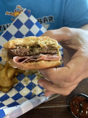 Smallest Oktoberfest burger ever with deli ham on it. They forgot the sauerkraut and it was dry