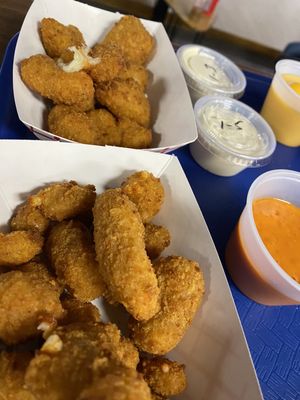 Love the spicy cheese curds so much we get two! Served with blue cheese and/or  hot Buffalo sauce