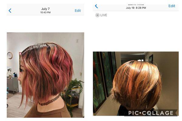 Left: hair immediately after getting it done Right: hair 12 days later.  23 days later and there is no pink at all in my hair. :(