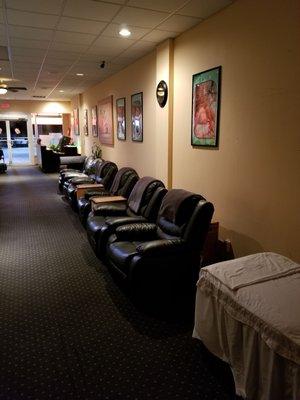 The very comfortable recliners used by our Masseuses for the application of Reflexology. Foot Massage.