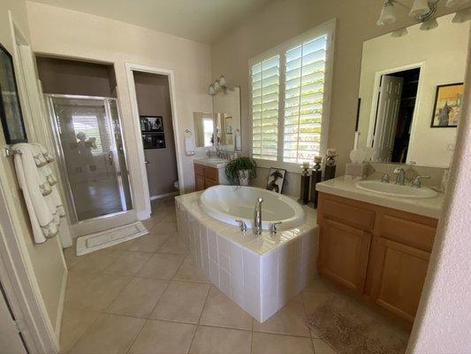 The OLD party tub taking up the entire  bathroom.., and old vanity and shower door