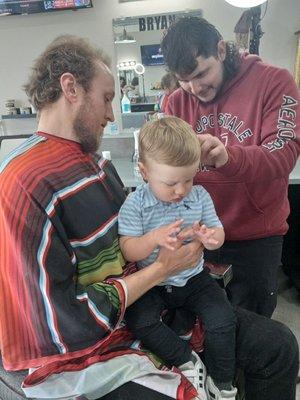 Bryan was very patient during our almoat 2 year old sons first haircut. And it turned out so cute.