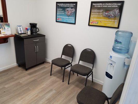 Our waiting room, equipped with coffee, water, and Netflix.