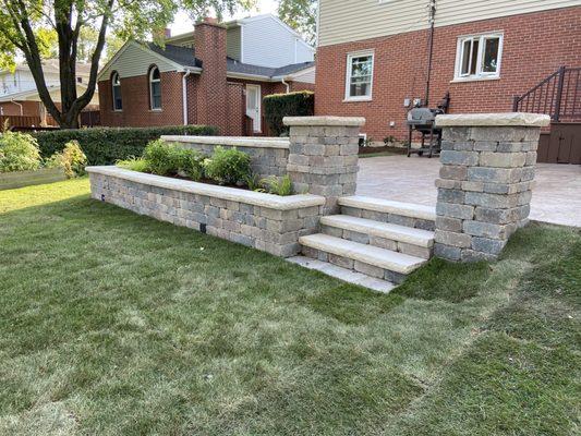 Paver retaining wall, stairs and landscaping