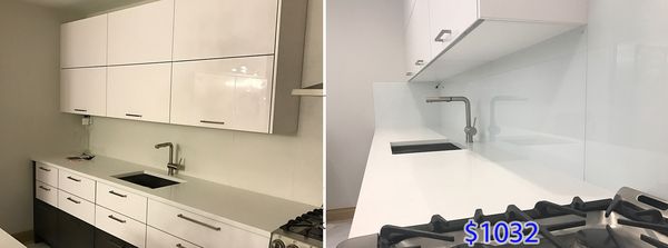 White Glass Kitchen Backsplash.
 Produced by InteriorDecorNY Inc and installed in Brooklyn.