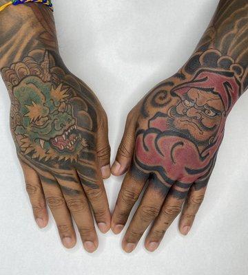 Best Japanese tattoo, San Diego hand tattoos Oni and daruma mark nes tattoo