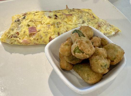 Meats omelette and fried okra