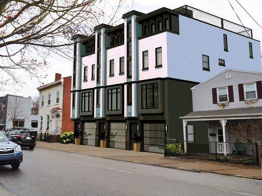 Four-story townhomes designed for Urban Infill. Each home is 2800 square feet with tandem garages, open space throughout, and rooftop decks.