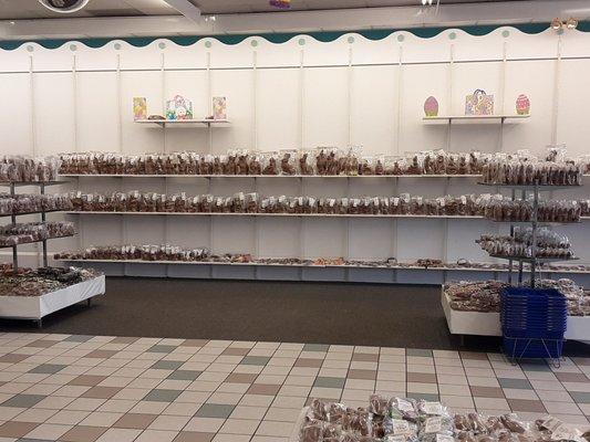 Right side has hundreds of chocolate bunnies, foil chocolate eggs, and novelty-shaped chocolates.