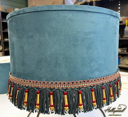 Custom Suede Fabric Drum Shade with Margaux Beaded Bullion Fringe