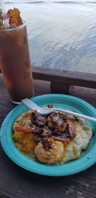 Bloody Mary and cajun shrimp and cheezy Grits.