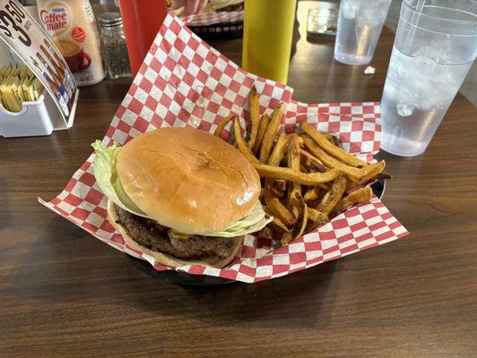 Double cheeseburger, add lettuce, no tomatoes, and fresh-cut fries