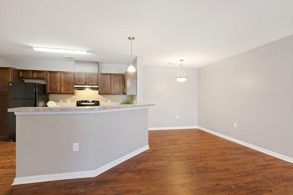 Wraparound breakfast bar lends to a flowing floor plan