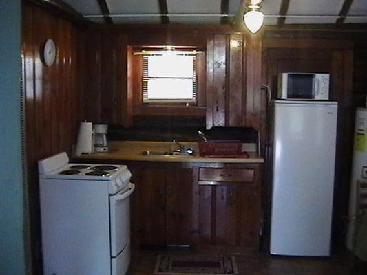 All cabins have stove, fridge, microwave, toaster, coffee pot, pots/pans/dishes/silverware, full bath, and fresh linens