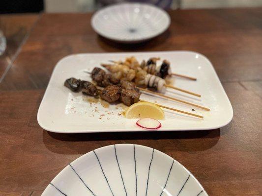 Beef and octopus skewers