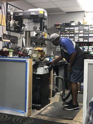 08.30.19 Kevin drilling the Hubs' bowling ball.