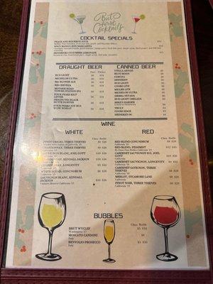 Bar and drink menu