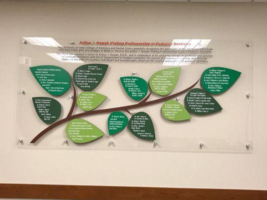 Donor wall at University of Iowa Dept of Pediatric Dentistry - custom cut 1/2" black gator board and vinyl decals on clear acrylic