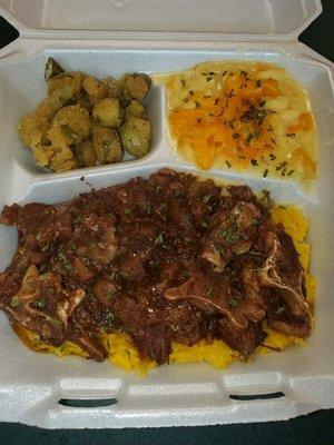 Oxtails Macaroni & Cheese and fried okra.