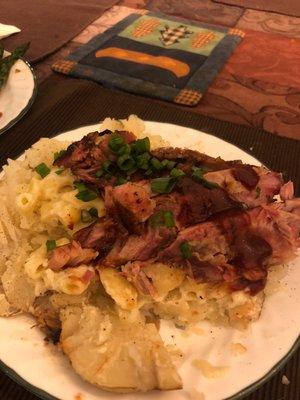 I added a baked potato and some homemade Mac and Cheese (Gruyère Muenster and Parmesan.) pinch of rosemary salt.