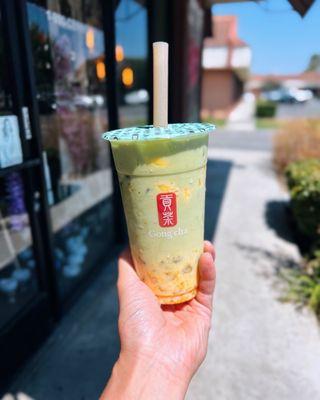 Fruity mango matcha milk tea