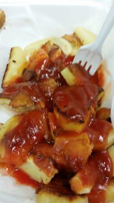 The not so healthy but, delicious portion of my breakfast.  Home fries and onions with ketchup and hot sause