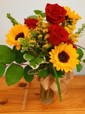 Sunflowers and Roses with mixed greens