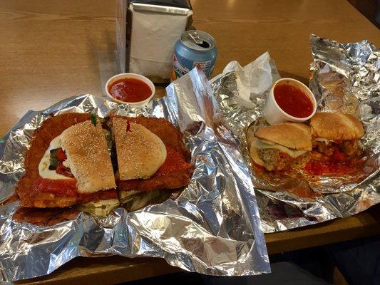 Pork cutlet (Italian style) on left and homemade meatball sub on right