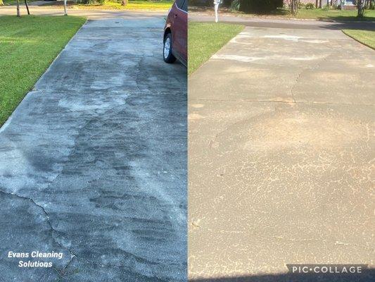 We surface cleaned this dirty driveway and soft washed the home both are looking great again.