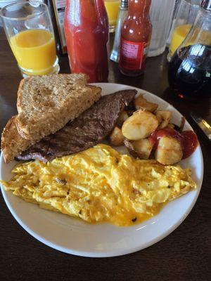 Steak and eggs.