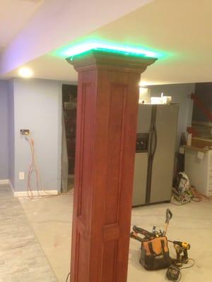 Custom millwork basement post with led lighting