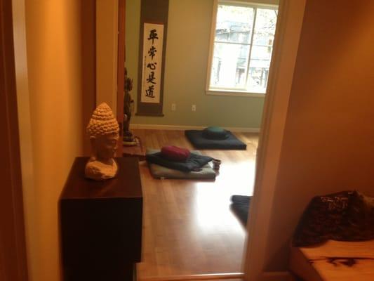 View into the zendo from the waiting room. Dr. Hatt meditates with his clients and integrates the practice into the therapy.