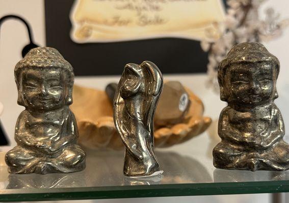 pyrite buddha and angel in our small crystal boutique